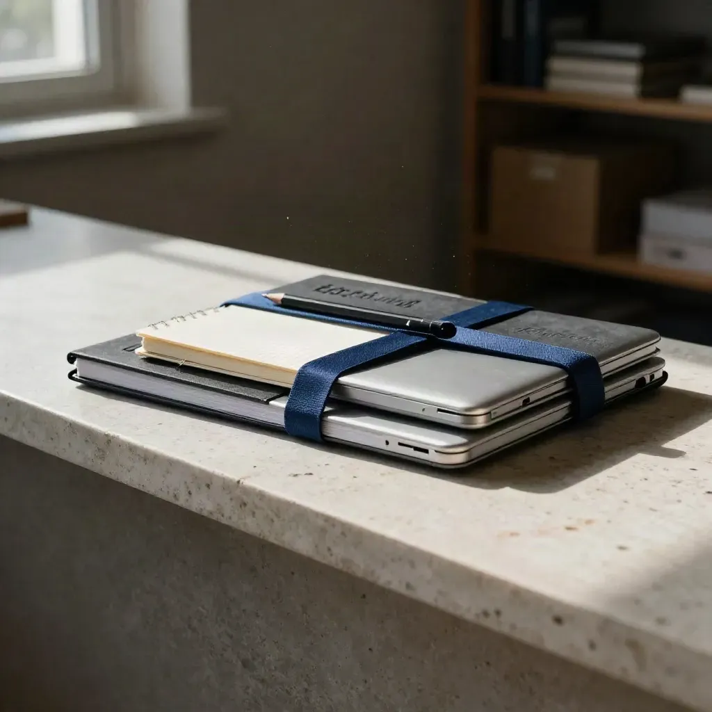 Zelfstudiepakket met werkboeken, notitieboek, potlood en gesloten laptop op een stenen ledge