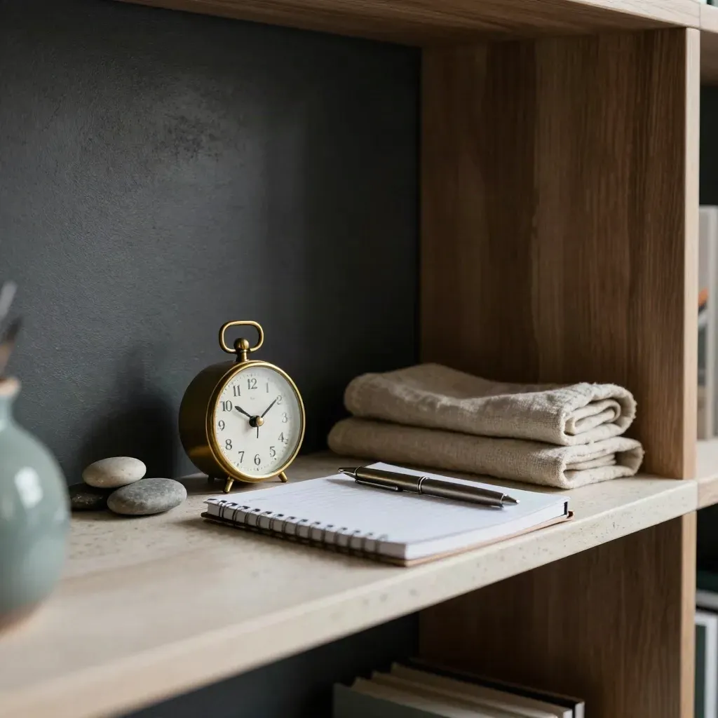 Travertin plank met coachingtimer, twee stenen, notitieboek en pen in zacht licht