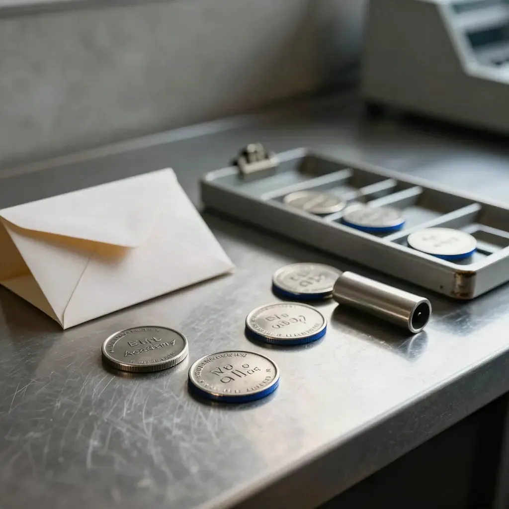 Diagnostisch teststation met tokens, envelopbox en scoretray op een stalen werkbank.