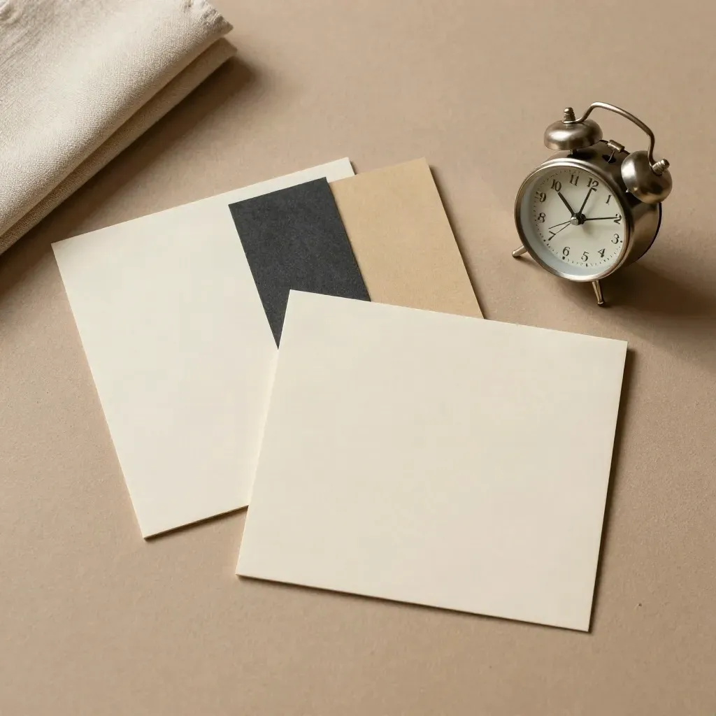 Minimalistische vlakke lay-out van plankaartjes, kleurstalen, stofstaal en klokje op licht pleisterwerk.