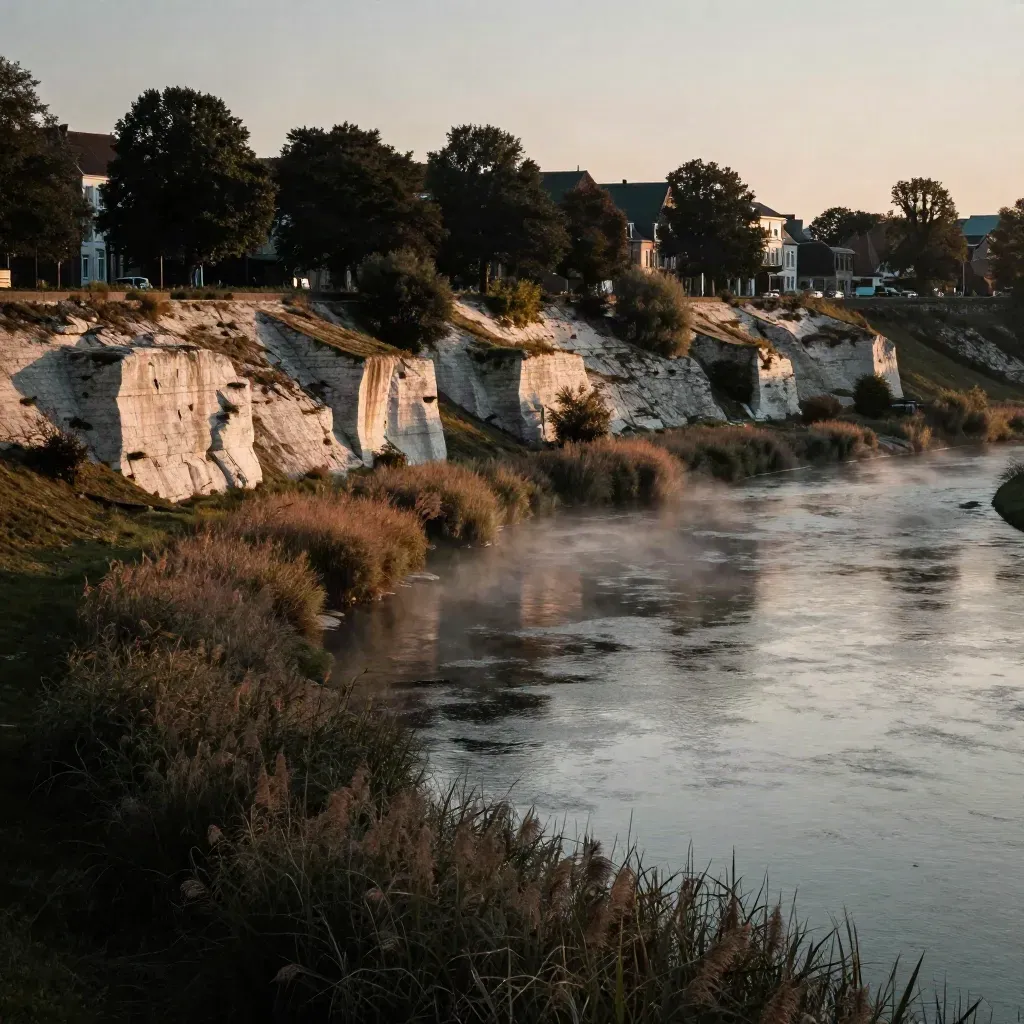 Limburgse rivieroever bij Maastricht in gouden avondlicht, met mist en zachte heuvels.