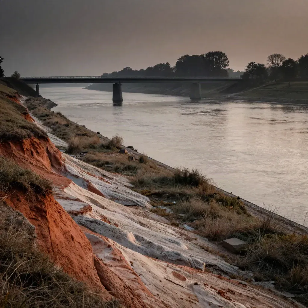 IJsselbocht met hoge brug, mistige rivierbocht en rustige oever in avondlicht.